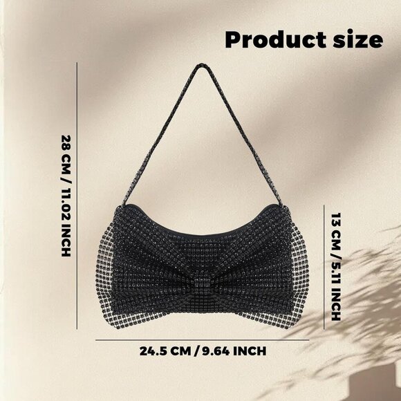 🆕Women Black Rhinestone Evening Clutch Purse, Sparkly Bowknot Small Handbag - Picture 2 of 6